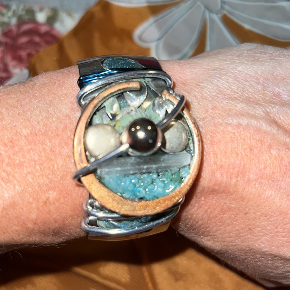 Handmade abstract boho cuff silver bracelet